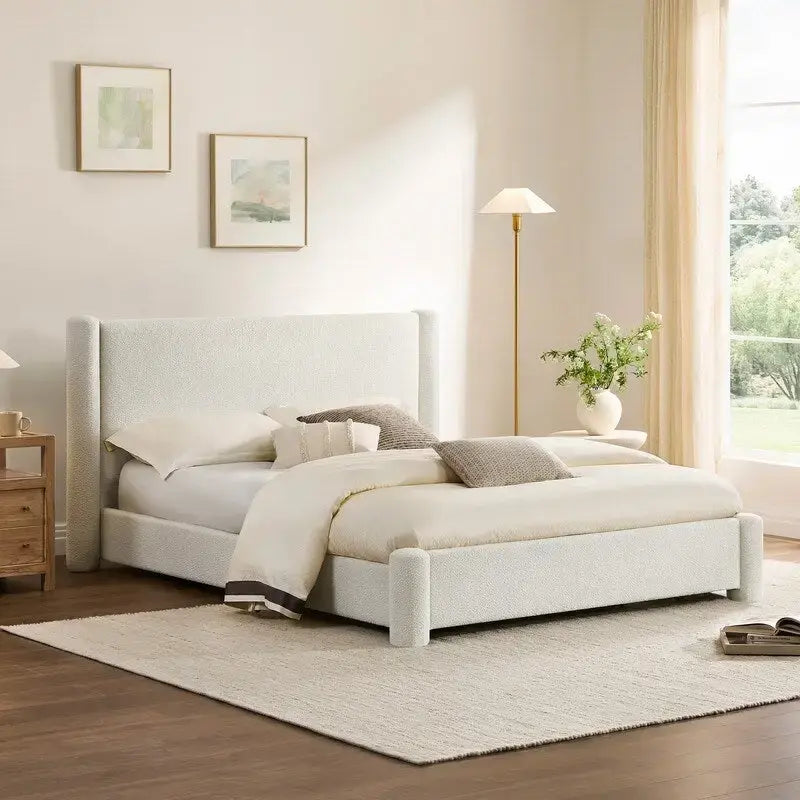 Cadre de lit plateforme rembourré, Blanc, Tête de lit large, Tissu bouclé, Grand lit (Queen), 2 places
