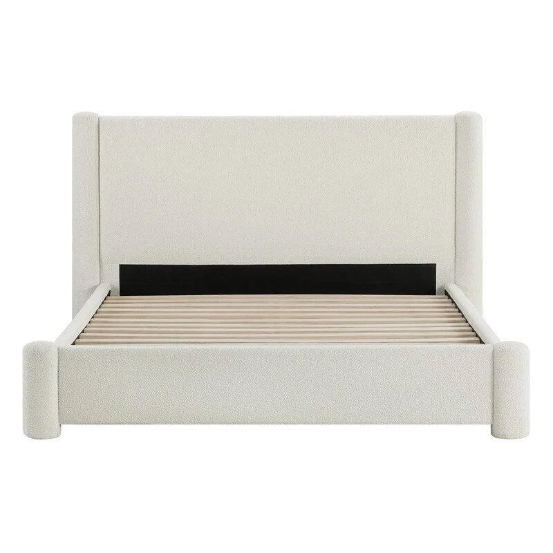 Cadre de lit plateforme rembourré, Blanc, Tête de lit large, Tissu bouclé, Grand lit (Queen), 2 places