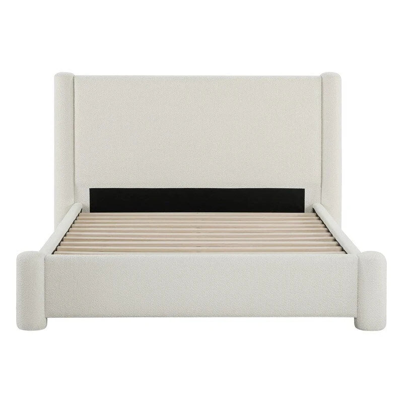 Cadre de lit plateforme rembourré, Blanc, Tête de lit large, Tissu bouclé, Grand lit (Queen), 2 places