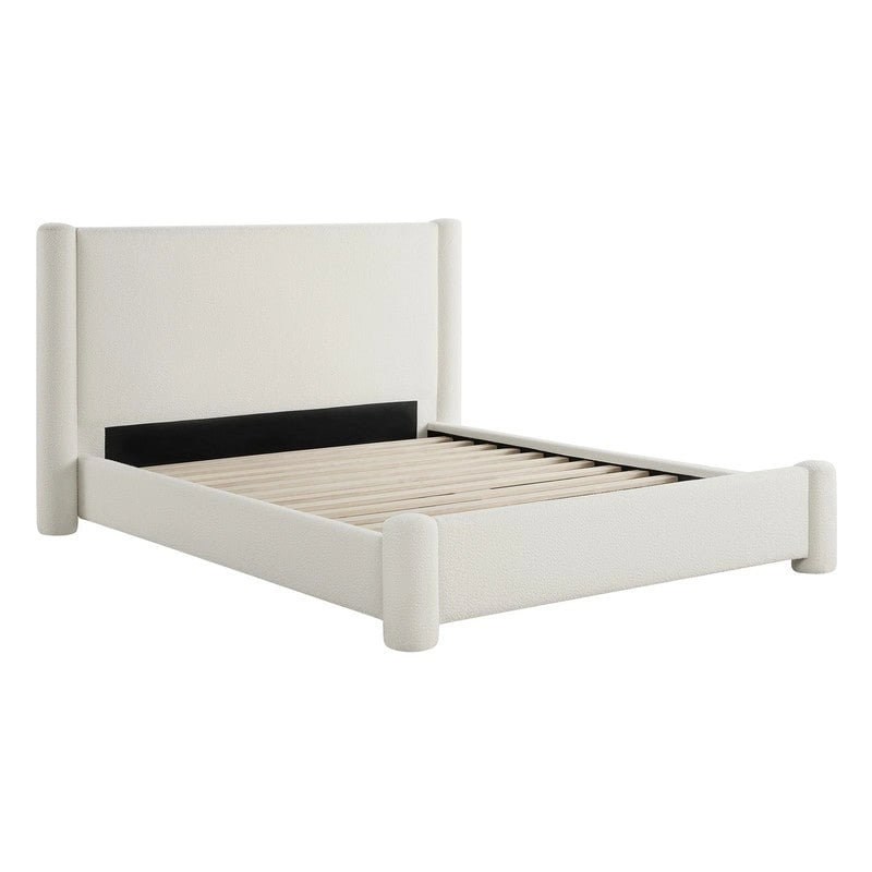 Cadre de lit plateforme rembourré, Blanc, Tête de lit large, Tissu bouclé, Grand lit (Queen), 2 places
