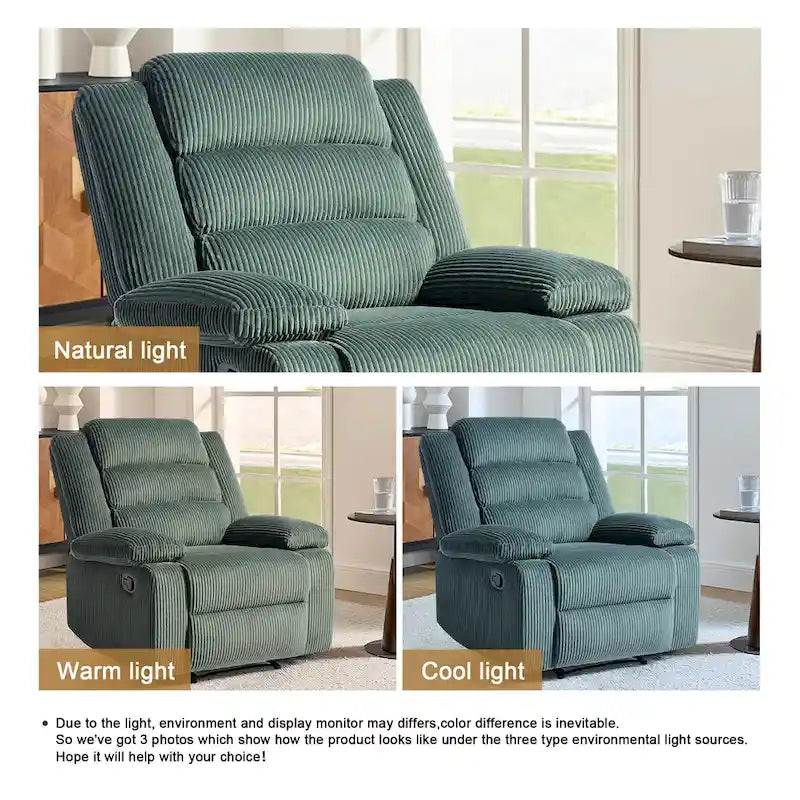 Fauteuil inclinable manuel en velours côtelé moderne, fauteuil de relaxation inclinable réglable avec accoudoirs larges