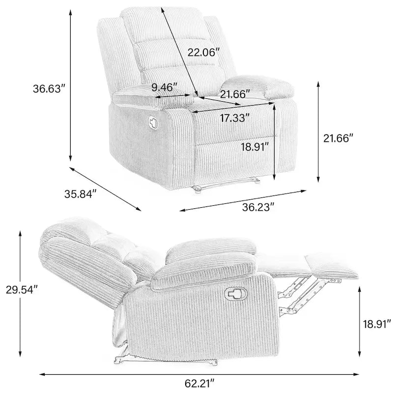 Fauteuil inclinable manuel en velours côtelé moderne, fauteuil de relaxation inclinable réglable avec accoudoirs larges