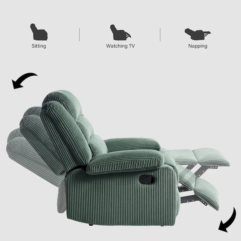 Fauteuil inclinable manuel en velours côtelé moderne, fauteuil de relaxation inclinable réglable avec accoudoirs larges