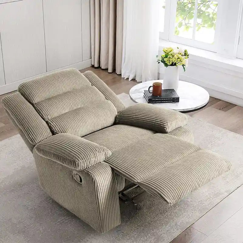 Fauteuil inclinable manuel en velours côtelé moderne, fauteuil de relaxation inclinable réglable avec accoudoirs larges