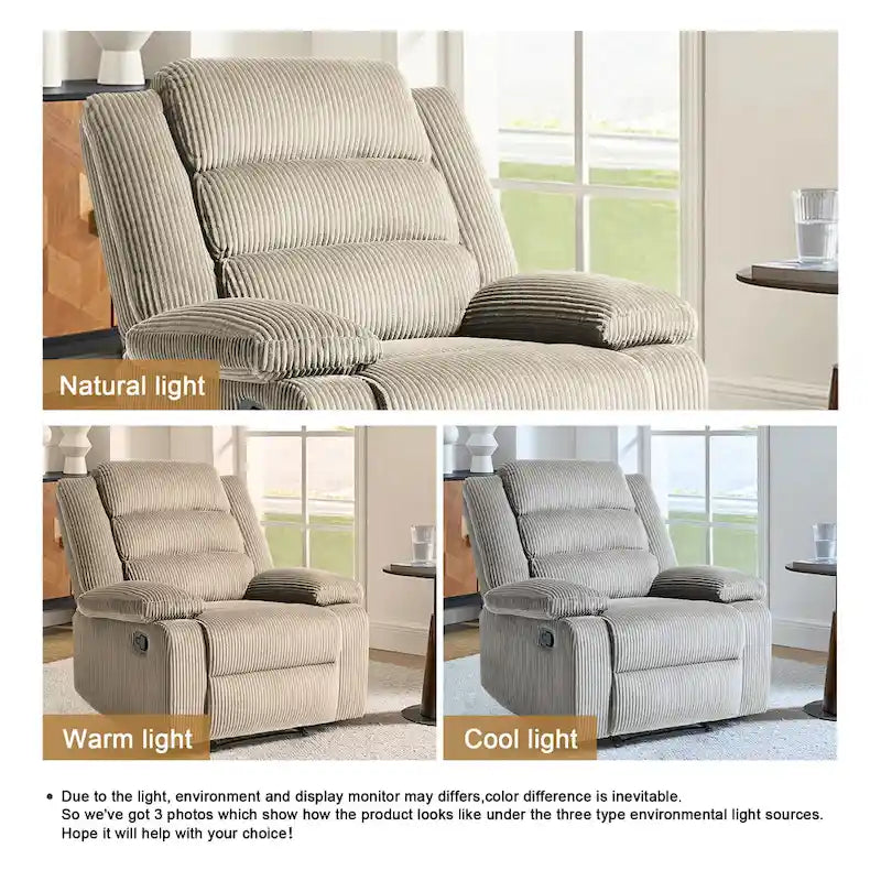 Fauteuil inclinable manuel en velours côtelé moderne, fauteuil de relaxation inclinable réglable avec accoudoirs larges