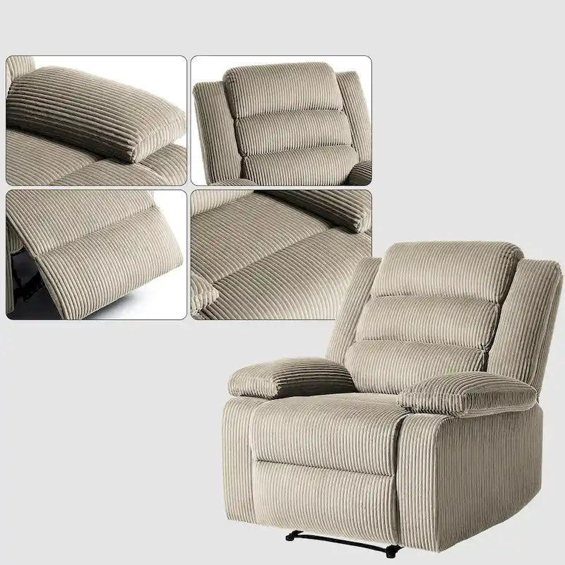 Fauteuil inclinable manuel en velours côtelé moderne, fauteuil de relaxation inclinable réglable avec accoudoirs larges