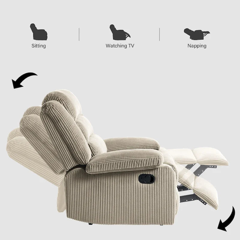 Fauteuil inclinable manuel en velours côtelé moderne, fauteuil de relaxation inclinable réglable avec accoudoirs larges