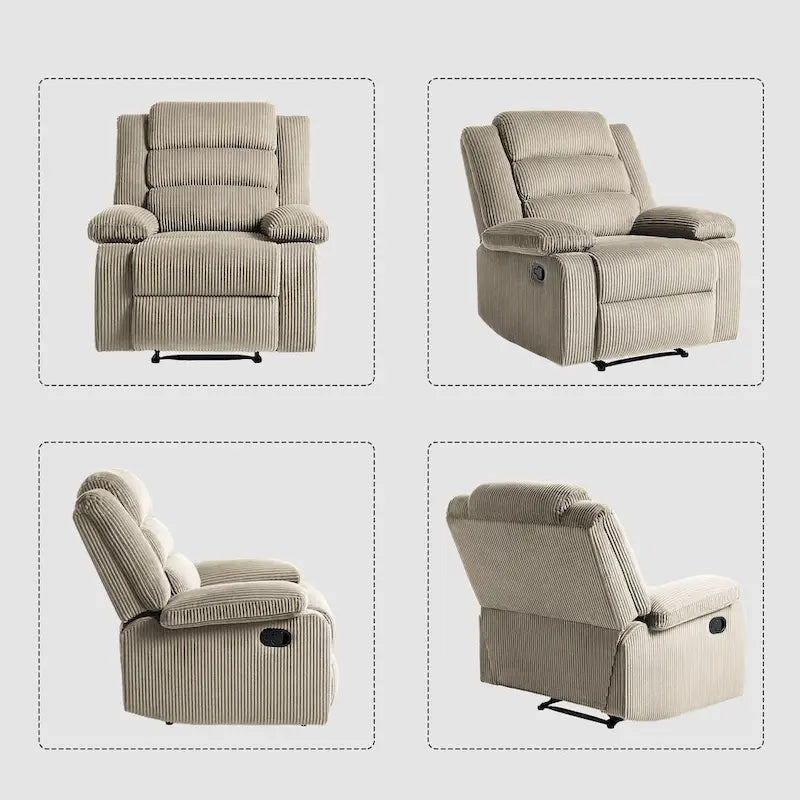 Fauteuil inclinable manuel en velours côtelé moderne, fauteuil de relaxation inclinable réglable avec accoudoirs larges