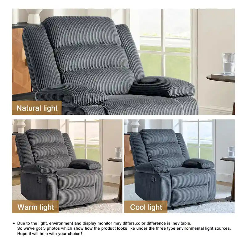Fauteuil inclinable manuel en velours côtelé moderne, fauteuil de relaxation inclinable réglable avec accoudoirs larges