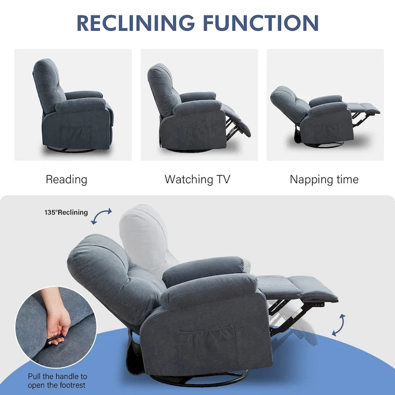 Fauteuil inclinable pivotant et basculant à 360° en lin avec poches latérales