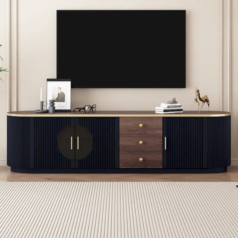 Meuble TV de 180 cm pour téléviseurs jusqu'à 80", Noir/Blanc, 3 tiroirs, Portes vitrées