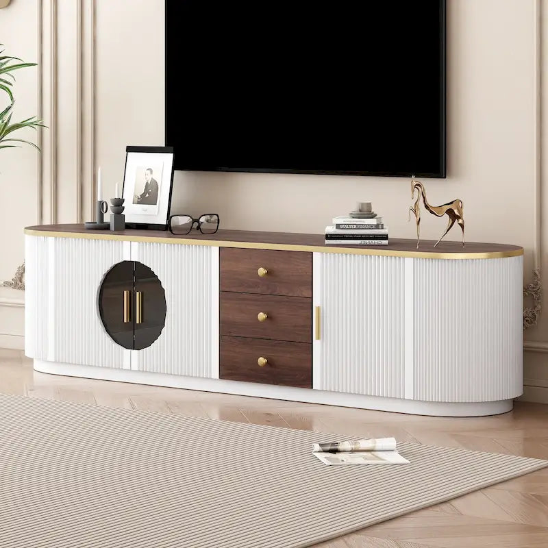 Meuble TV de 180 cm pour téléviseurs jusqu'à 80", Noir/Blanc, 3 tiroirs, Portes vitrées