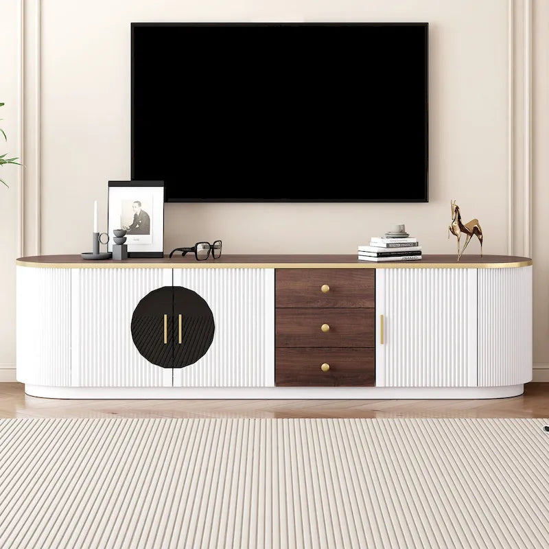 Meuble TV de 180 cm pour téléviseurs jusqu'à 80", Noir/Blanc, 3 tiroirs, Portes vitrées