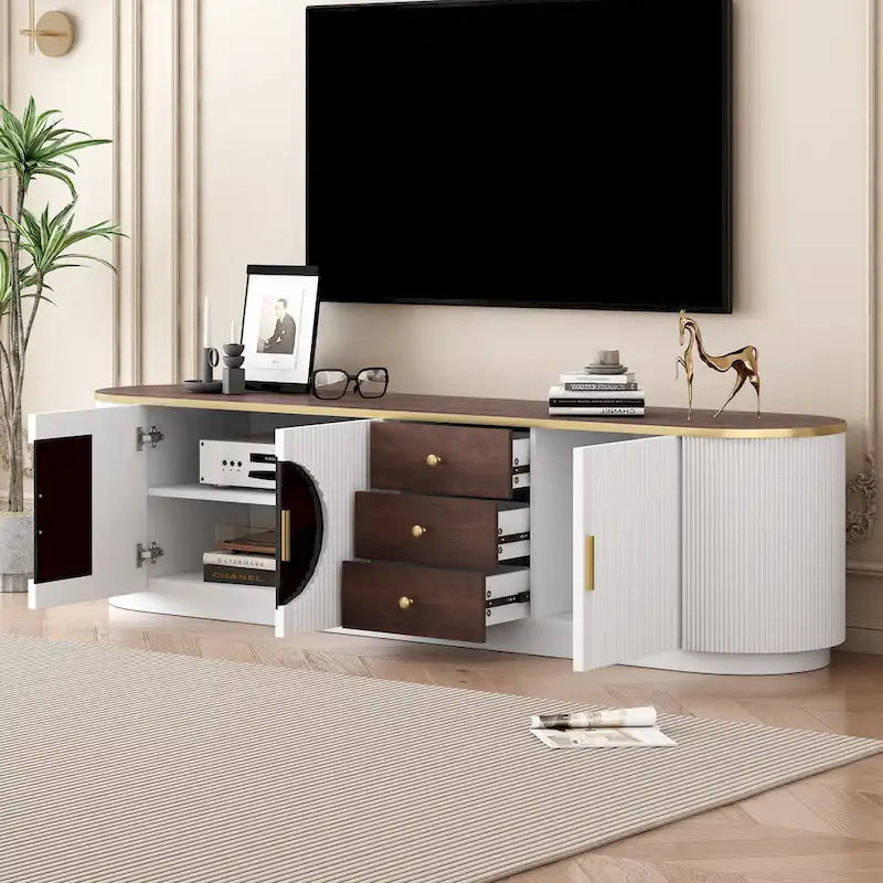 Meuble TV de 180 cm pour téléviseurs jusqu'à 80", Noir/Blanc, 3 tiroirs, Portes vitrées