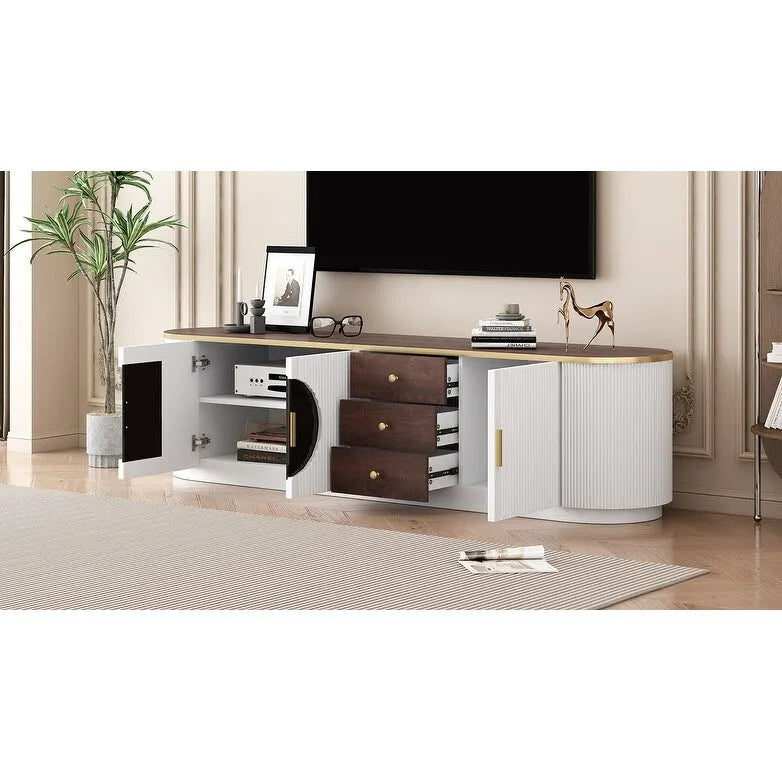 Meuble TV de 180 cm pour téléviseurs jusqu'à 80", Noir/Blanc, 3 tiroirs, Portes vitrées
