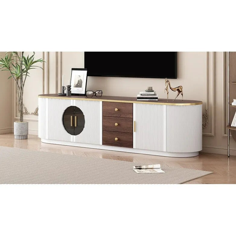 Meuble TV de 180 cm pour téléviseurs jusqu'à 80", Noir/Blanc, 3 tiroirs, Portes vitrées
