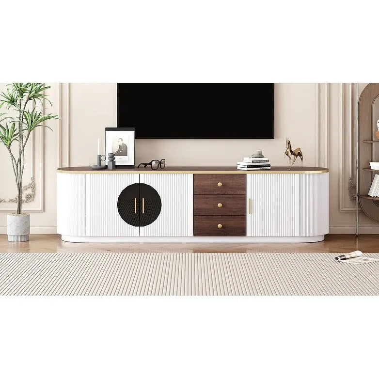 Meuble TV de 180 cm pour téléviseurs jusqu'à 80", Noir/Blanc, 3 tiroirs, Portes vitrées