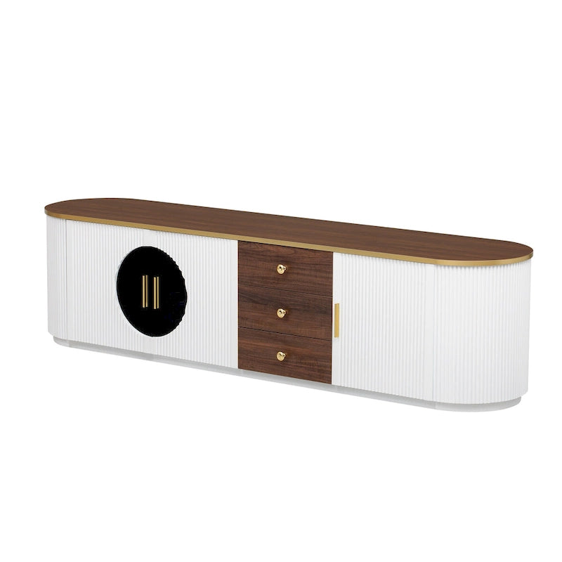 Meuble TV de 180 cm pour téléviseurs jusqu'à 80", Noir/Blanc, 3 tiroirs, Portes vitrées
