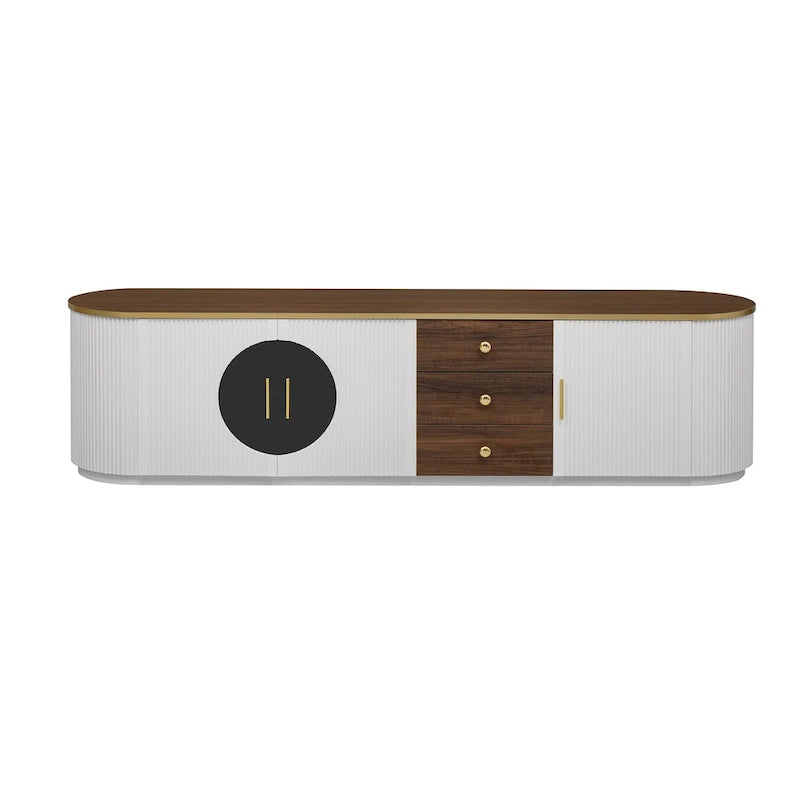 Meuble TV de 180 cm pour téléviseurs jusqu'à 80", Noir/Blanc, 3 tiroirs, Portes vitrées