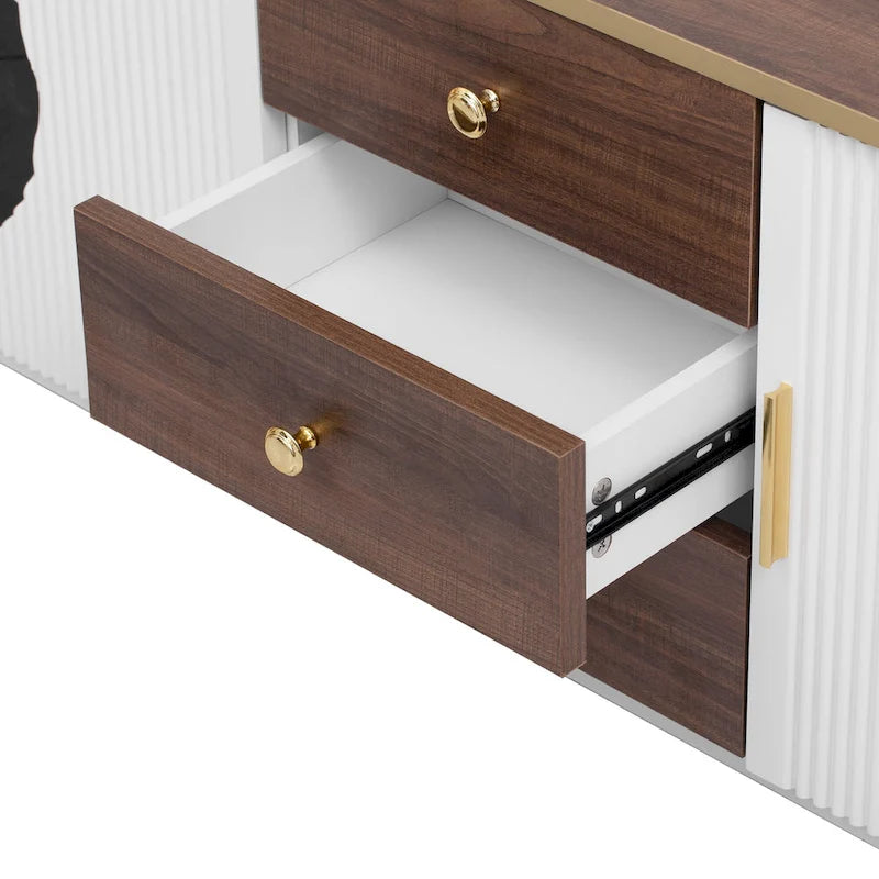 Meuble TV de 180 cm pour téléviseurs jusqu'à 80", Noir/Blanc, 3 tiroirs, Portes vitrées
