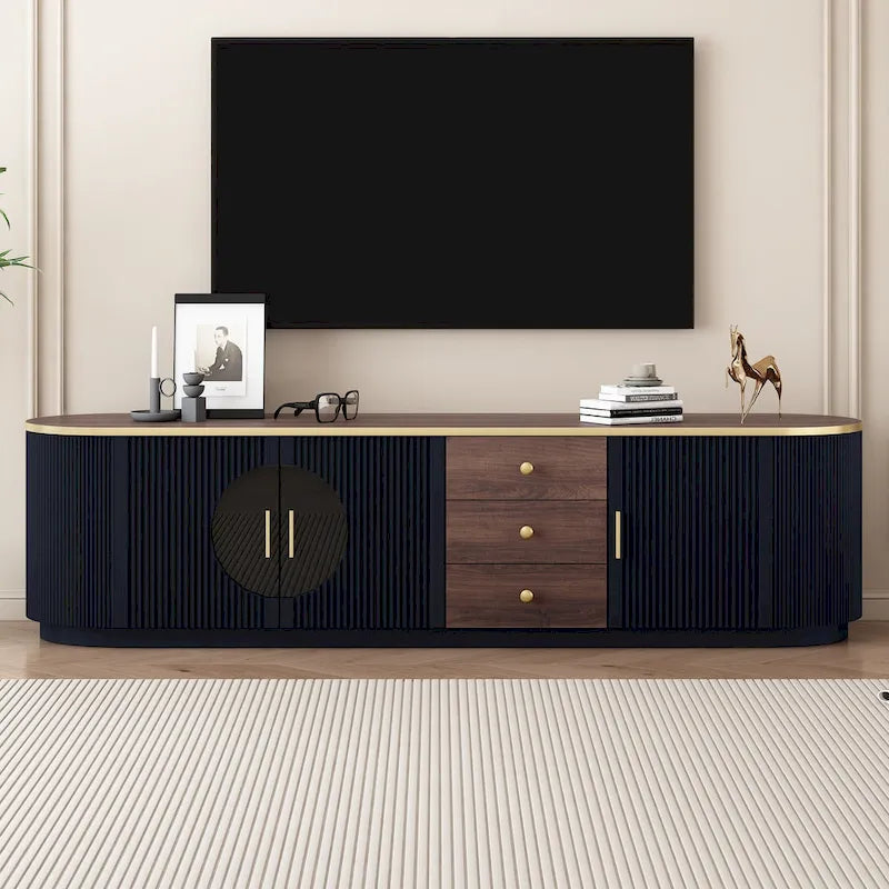 Meuble TV de 180 cm pour téléviseurs jusqu'à 80", Noir/Blanc, 3 tiroirs, Portes vitrées