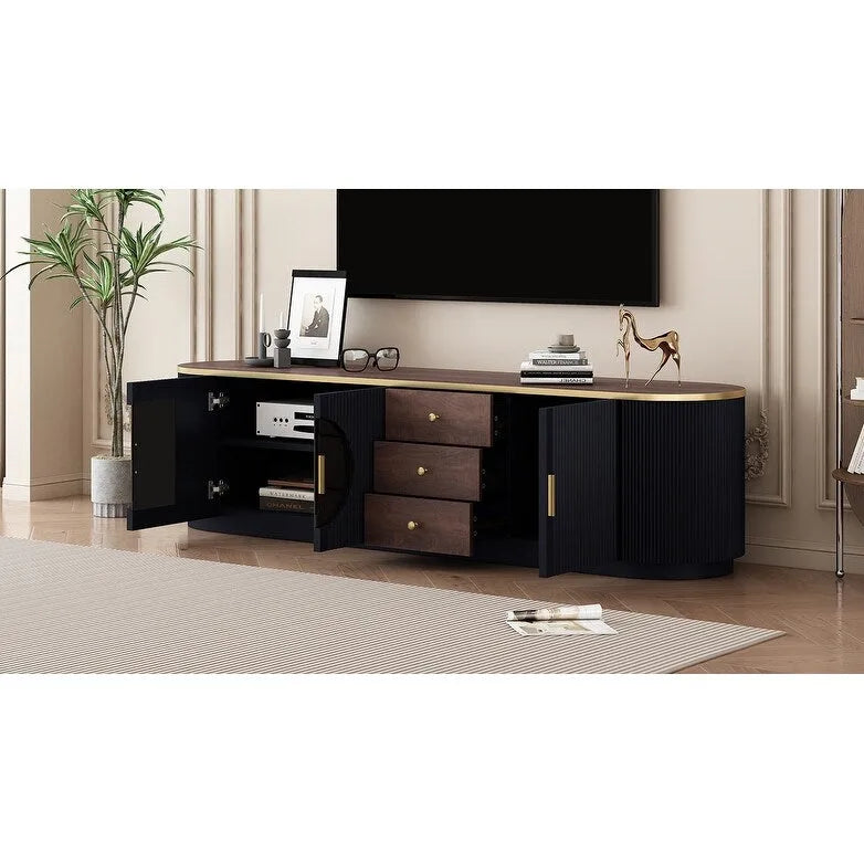 Meuble TV de 180 cm pour téléviseurs jusqu'à 80", Noir/Blanc, 3 tiroirs, Portes vitrées