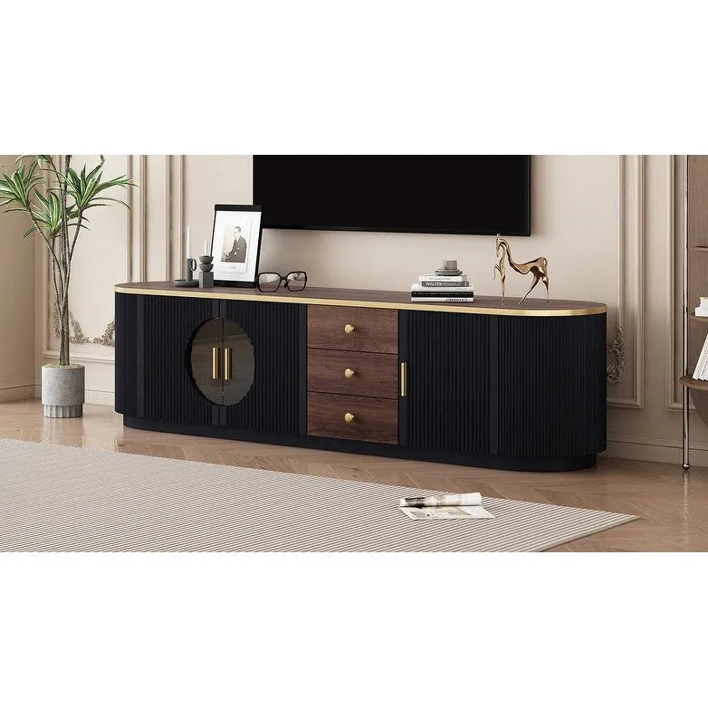 Meuble TV de 180 cm pour téléviseurs jusqu'à 80", Noir/Blanc, 3 tiroirs, Portes vitrées