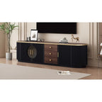 Meuble TV de 180 cm pour téléviseurs jusqu'à 80", Noir/Blanc, 3 tiroirs, Portes vitrées