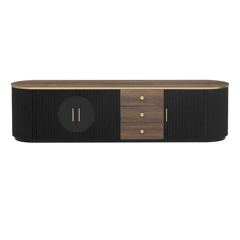 Meuble TV de 180 cm pour téléviseurs jusqu'à 80", Noir/Blanc, 3 tiroirs, Portes vitrées