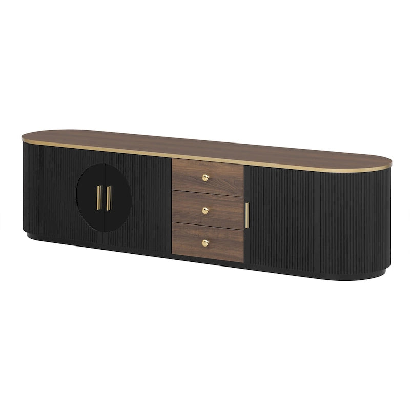 Meuble TV de 180 cm pour téléviseurs jusqu'à 80", Noir/Blanc, 3 tiroirs, Portes vitrées