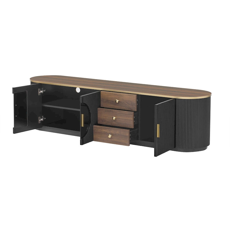 Meuble TV de 180 cm pour téléviseurs jusqu'à 80", Noir/Blanc, 3 tiroirs, Portes vitrées