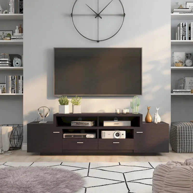 Meuble TV avec 2 tiroirs et 2 placards, compatible TV jusqu'à 70 pouces, 152 ou 183 cm de large, style contemporain