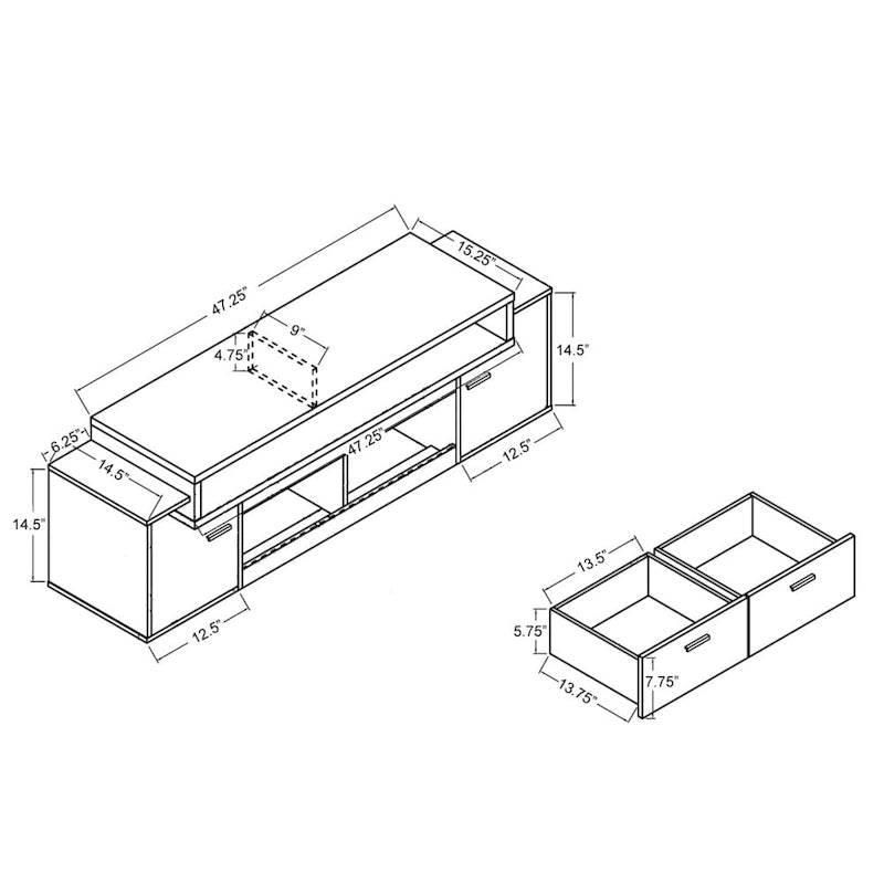 Meuble TV avec 2 tiroirs et 2 placards, compatible TV jusqu'à 70 pouces, 152 ou 183 cm de large, style contemporain