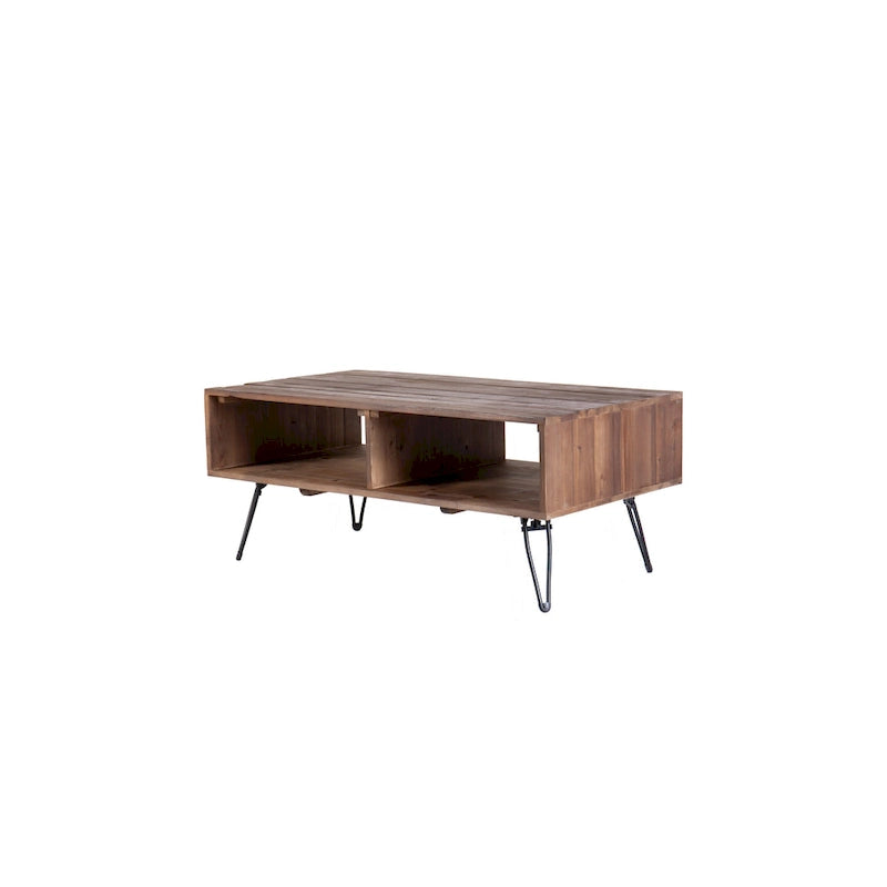 Table basse, Vintage, Bois recyclé, Rangement ouvert, Pieds en métal, Pliable, 107 cm (L) x 58 cm (l) x 46 cm (H), Noyer de H.