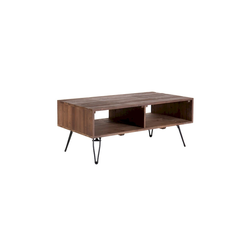 Table basse, Vintage, Bois recyclé, Rangement ouvert, Pieds en métal, Pliable, 107 cm (L) x 58 cm (l) x 46 cm (H), Noyer de H.