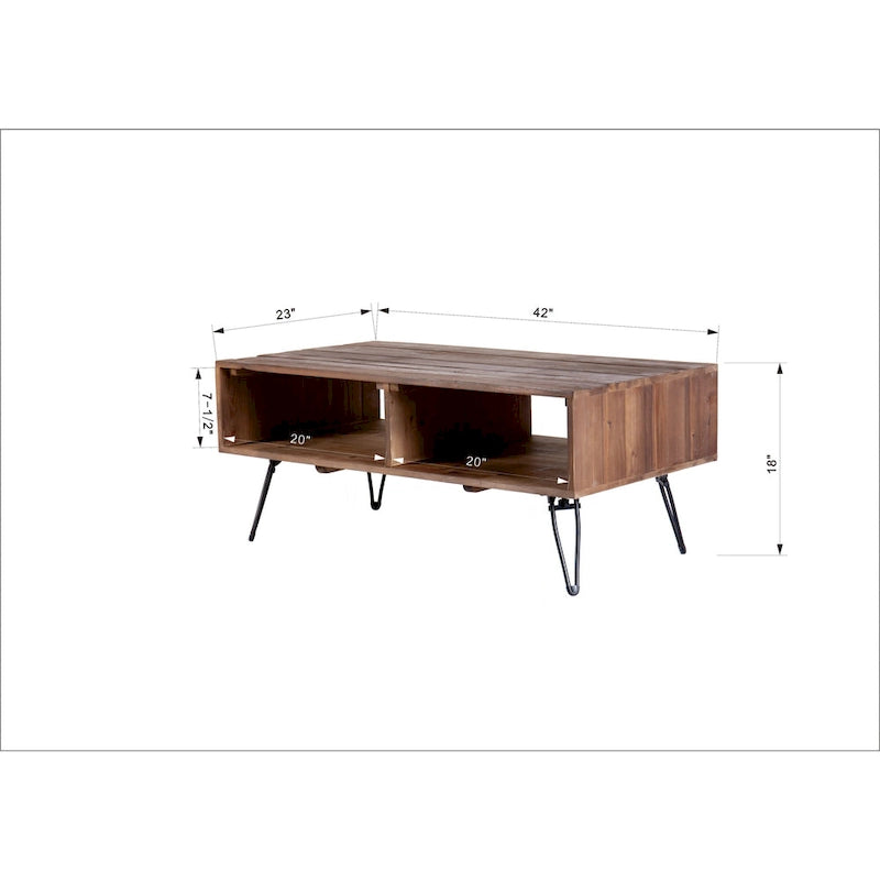 Table basse, Vintage, Bois recyclé, Rangement ouvert, Pieds en métal, Pliable, 107 cm (L) x 58 cm (l) x 46 cm (H), Noyer de H.