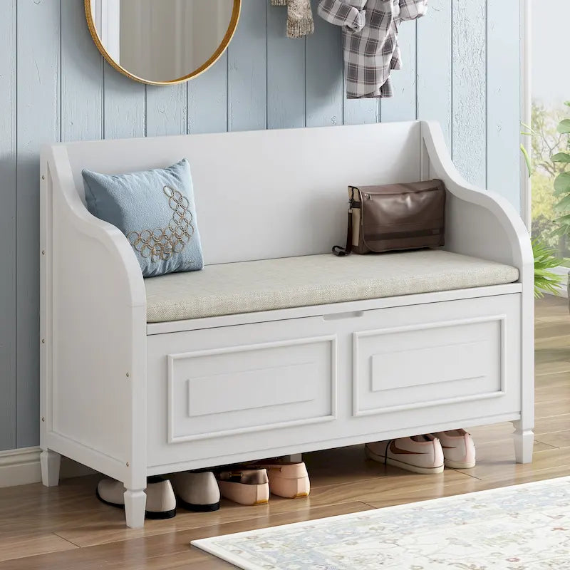 Banc de rangement rustique, cadre en bois massif, coussin fendu, charnière de sécurité, 107 cm (L) x 46 cm (l) x 75 cm (H), 113 kg, 2 places, blanc/bleu marine antique/marron+beige/gris délavé