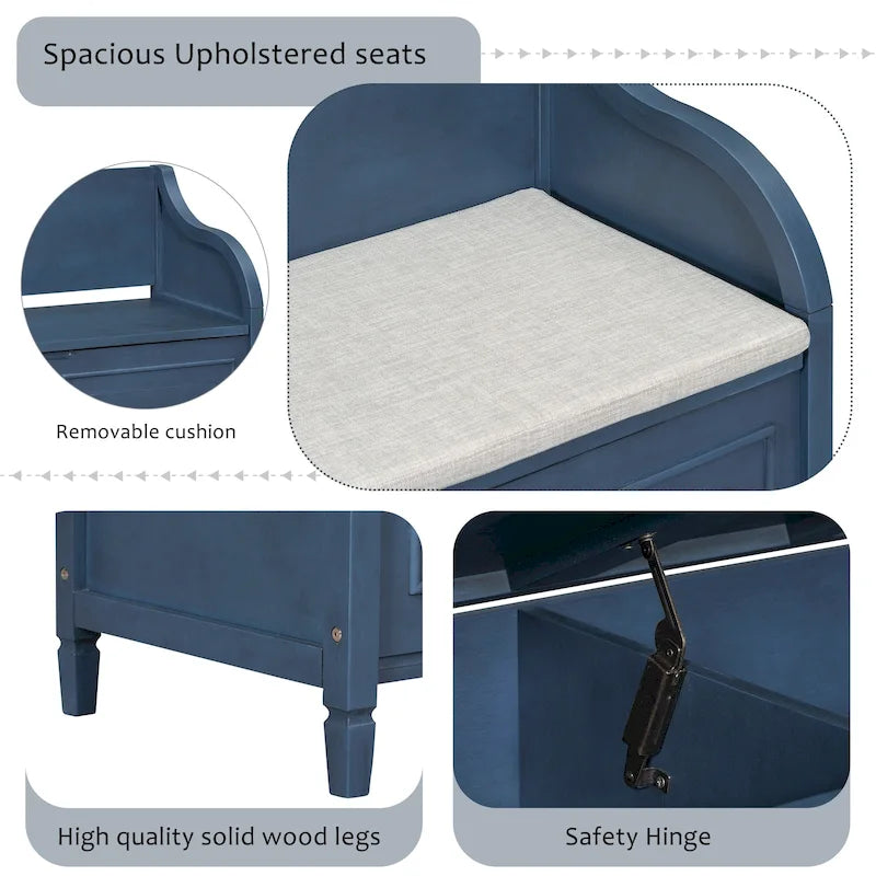 Banc de rangement rustique, cadre en bois massif, coussin fendu, charnière de sécurité, 107 cm (L) x 46 cm (l) x 75 cm (H), 113 kg, 2 places, blanc/bleu marine antique/marron+beige/gris délavé