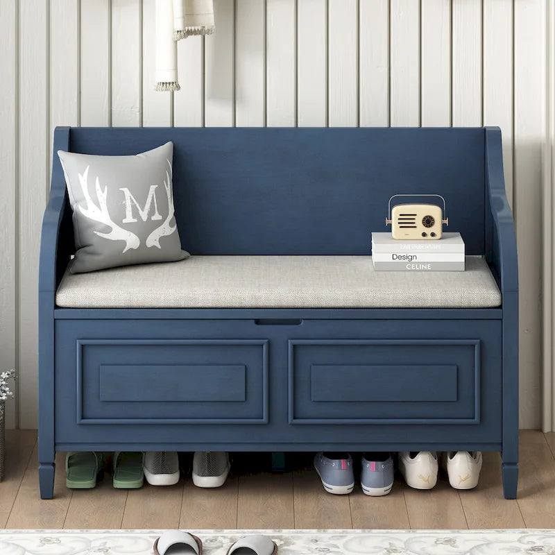 Banc de rangement rustique, cadre en bois massif, coussin fendu, charnière de sécurité, 107 cm (L) x 46 cm (l) x 75 cm (H), 113 kg, 2 places, blanc/bleu marine antique/marron+beige/gris délavé