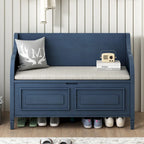 Banc de rangement rustique, cadre en bois massif, coussin fendu, charnière de sécurité, 107 cm (L) x 46 cm (l) x 75 cm (H), 113 kg, 2 places, blanc/bleu marine antique/marron+beige/gris délavé