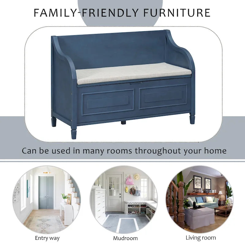 Banc de rangement rustique, cadre en bois massif, coussin fendu, charnière de sécurité, 107 cm (L) x 46 cm (l) x 75 cm (H), 113 kg, 2 places, blanc/bleu marine antique/marron+beige/gris délavé
