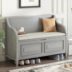 Banc de rangement rustique, cadre en bois massif, coussin fendu, charnière de sécurité, 107 cm (L) x 46 cm (l) x 75 cm (H), 113 kg, 2 places, blanc/bleu marine antique/marron+beige/gris délavé