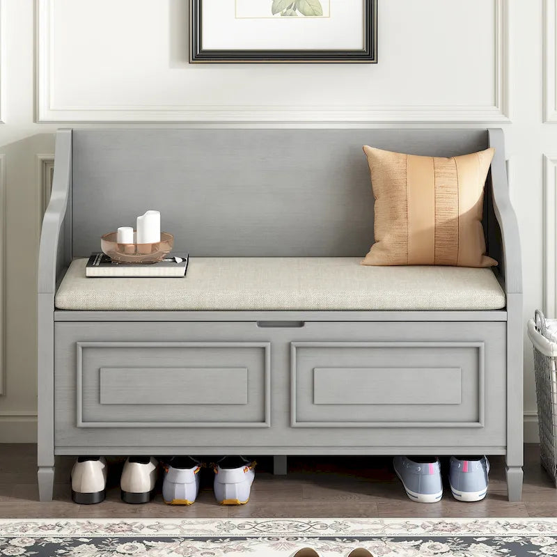 Banc de rangement rustique, cadre en bois massif, coussin fendu, charnière de sécurité, 107 cm (L) x 46 cm (l) x 75 cm (H), 113 kg, 2 places, blanc/bleu marine antique/marron+beige/gris délavé