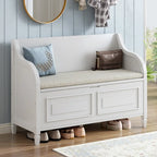 Banc de rangement rustique, cadre en bois massif, coussin fendu, charnière de sécurité, 107 cm (L) x 46 cm (l) x 75 cm (H), 113 kg, 2 places, blanc/bleu marine antique/marron+beige/gris délavé