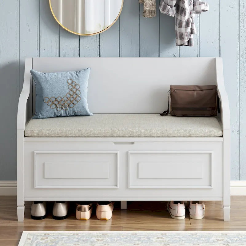 Banc de rangement rustique, cadre en bois massif, coussin fendu, charnière de sécurité, 107 cm (L) x 46 cm (l) x 75 cm (H), 113 kg, 2 places, blanc/bleu marine antique/marron+beige/gris délavé