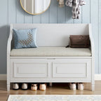 Banc de rangement rustique, cadre en bois massif, coussin fendu, charnière de sécurité, 107 cm (L) x 46 cm (l) x 75 cm (H), 113 kg, 2 places, blanc/bleu marine antique/marron+beige/gris délavé