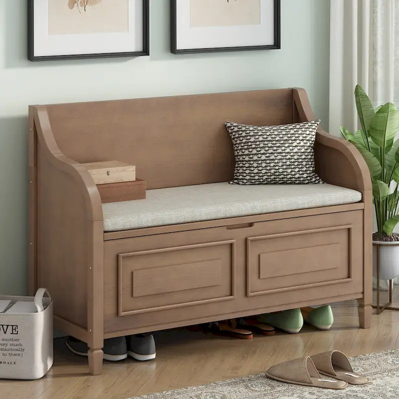 Banc de rangement rustique, cadre en bois massif, coussin fendu, charnière de sécurité, 107 cm (L) x 46 cm (l) x 75 cm (H), 113 kg, 2 places, blanc/bleu marine antique/marron+beige/gris délavé