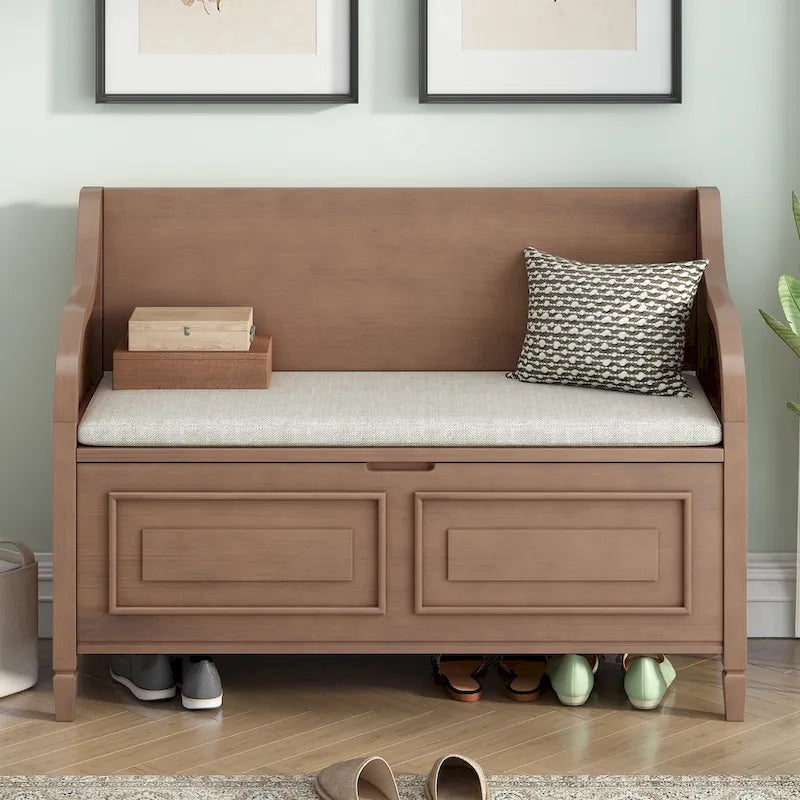 Banc de rangement rustique, cadre en bois massif, coussin fendu, charnière de sécurité, 107 cm (L) x 46 cm (l) x 75 cm (H), 113 kg, 2 places, blanc/bleu marine antique/marron+beige/gris délavé