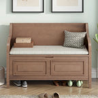 Banc de rangement rustique, cadre en bois massif, coussin fendu, charnière de sécurité, 107 cm (L) x 46 cm (l) x 75 cm (H), 113 kg, 2 places, blanc/bleu marine antique/marron+beige/gris délavé