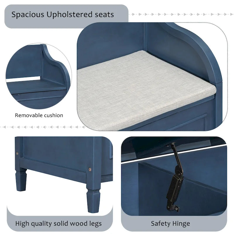 Banc de rangement rustique, cadre en bois massif, coussin fendu, charnière de sécurité, 107 cm (L) x 46 cm (l) x 75 cm (H), 113 kg, 2 places, blanc/bleu marine antique/marron+beige/gris délavé